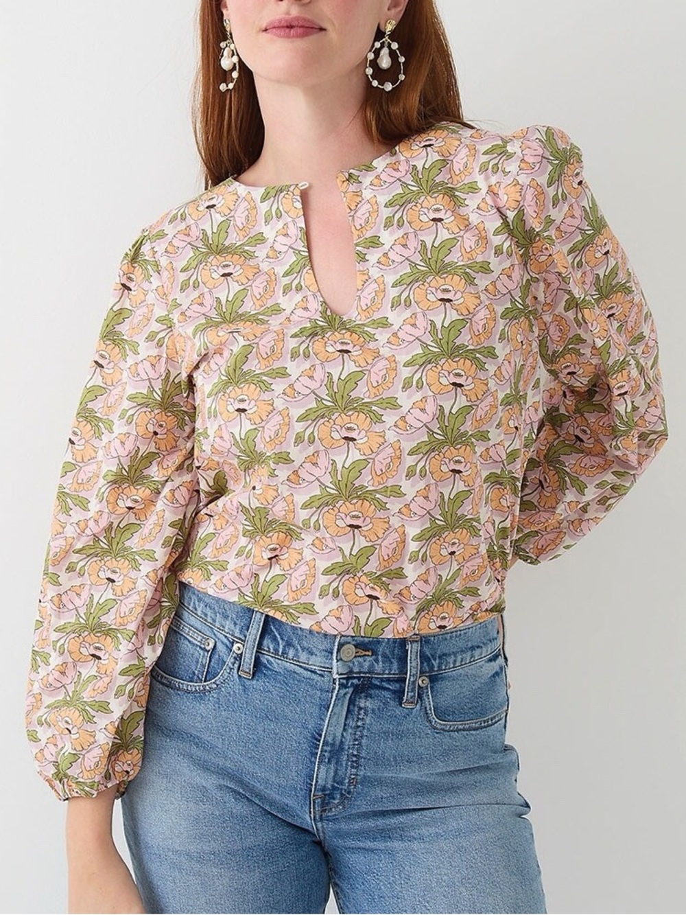 Liberty of London J. Crew Floral Split-Neck Puff-Sleeve Top Pink/Green